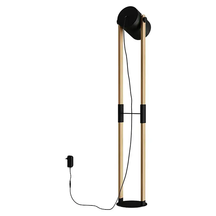 Eglo Hornwood Stehleuchte - Höhe: 140 cm - Eine Stehlampe mit einem schwarzen Lampenschirm und einem hellen Holzgestell. Die Lampe hat einen modernen und minimalistischen Look.