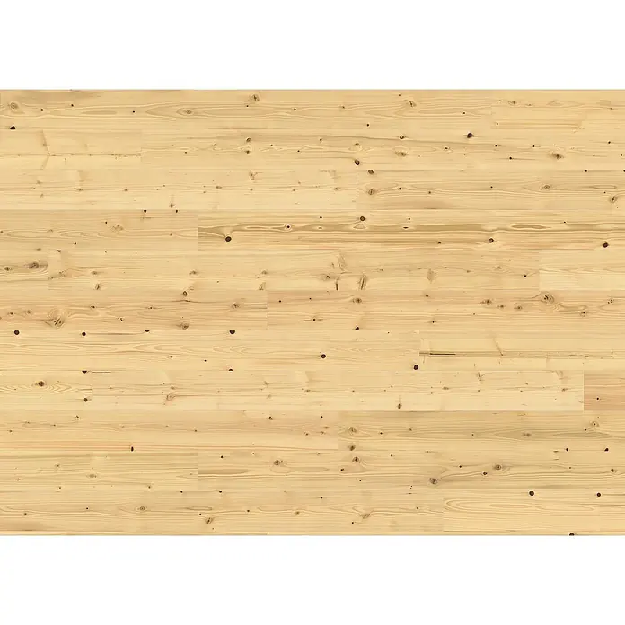 Living by Haro Parkett - Tanne, Landhausdiele, 2.200 x 180 x 13,5 mm - Eine Nahaufnahme eines Fußbodens aus hellem Kiefernholz mit sichtbarer Maserung und Astlöchern, der eine natürliche und rustikale Ästhetik ausstrahlt.
