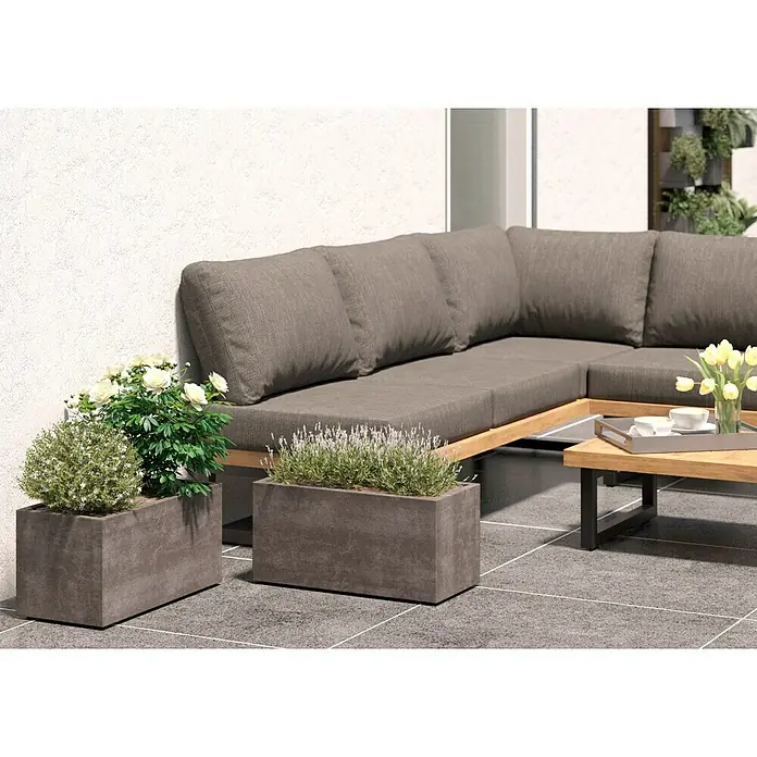 Deroma Millennium Pflanzkasten - Außenmaß (L x B x H): 59 x 25 x 25 cm, Kunststoff, Sand, Mit Bewässerungssystem - Nahaufnahme eines modularen Ecksofas mit grauen Kissen, umgeben von rechteckigen Pflanzgefäßen mit Pflanzen und einem passenden Couchtisch.