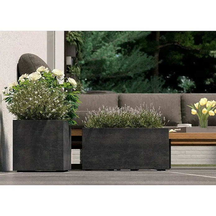 Deroma Millennium Pflanzkasten - Außenmaß (L x B x H): 59 x 25 x 25 cm, Kunststoff, Anthrazit - Zwei dunkle Pflanzkästen, einer quadratisch mit weißen Rosen, der andere rechteckig mit Lavendel, verschönern jeden Außenbereich.