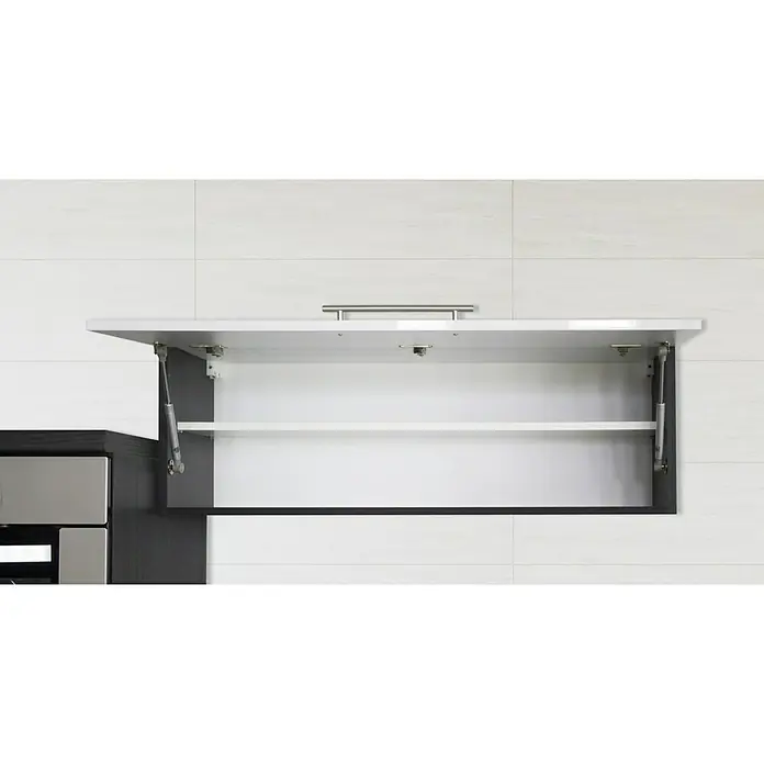 Respekta Premium Küchenzeile RP210ESCBO - Breite: 210 cm, Schwarz, Mit Elektrogeräten - Innenansicht eines Küchenschranks mit grauem Rahmen und weißem Innenraum, der mit einem Griff aus gebürstetem Nickel geöffnet wird.