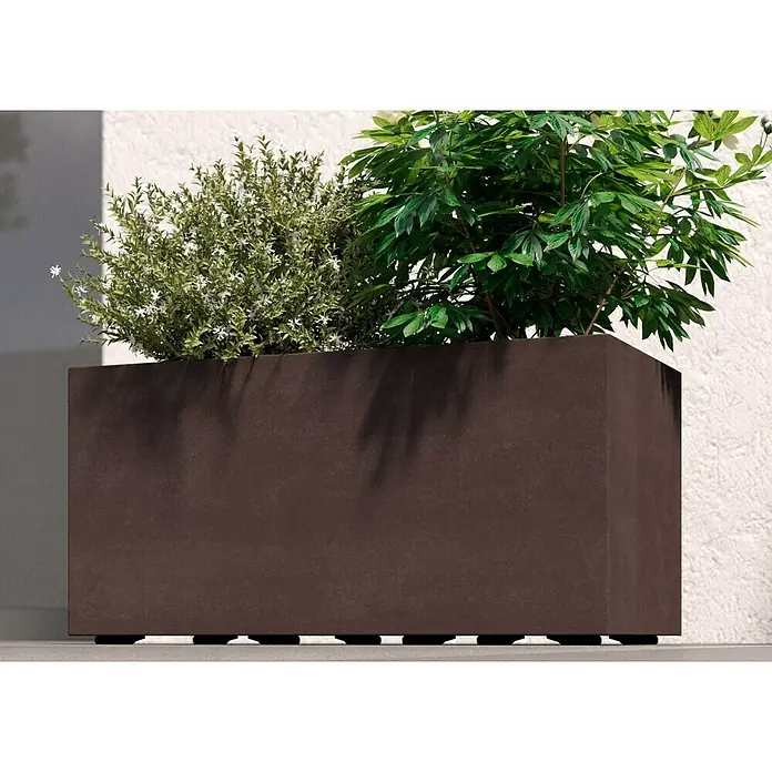 Deroma Millennium Pflanzkasten - Außenmaß (L x B x H): 59 x 25 x 25 cm, Kunststoff, Brownstone, Mit Bewässerungssystem - Ein rechteckiger, brauner Pflanzkasten mit grünen Pflanzen vor einer Wand. Das Pflanzgefäß hat eine moderne und schlichte Optik.