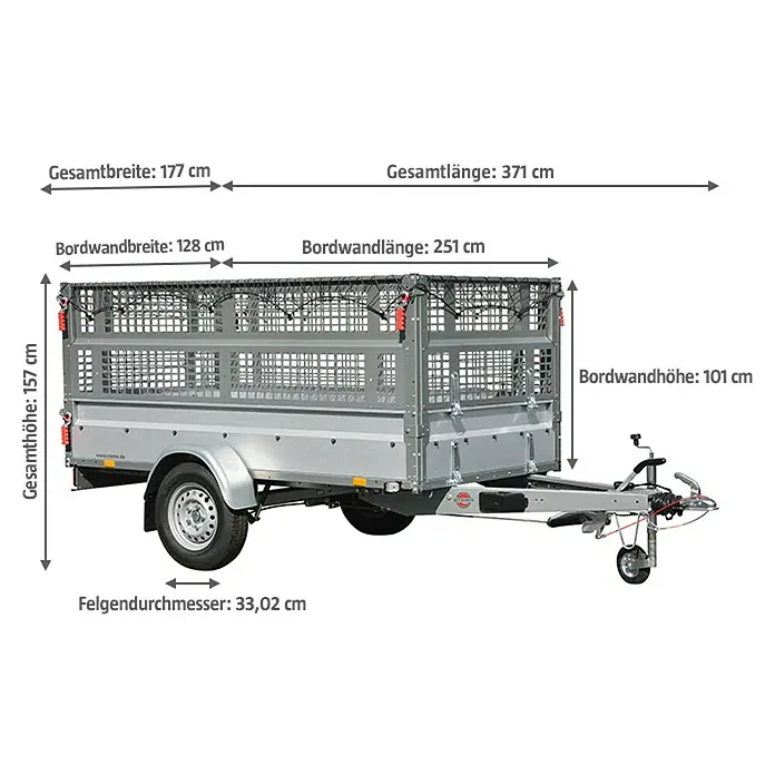 Stema Anhänger Basic STL 1300-25-13.1 mit Gitteraufsatz - Nutzlast: 960 kg, Gebremst - Abbildung eines Pritschenanhängers mit Gitteraufsatz, mit Größenangaben wie Gesamtlänge, Gesamtbreite und Bordwandhöhe.