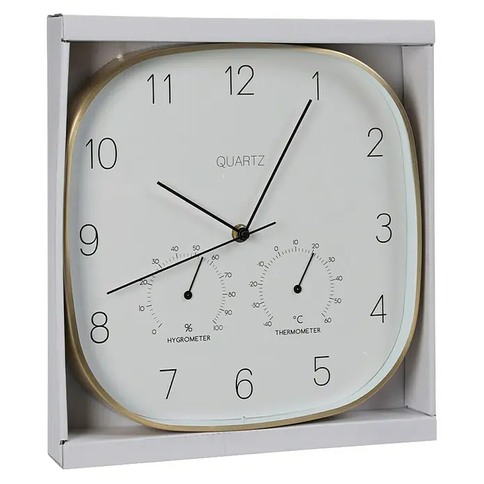 Reloj de pared Termo & Hygro - Diámetro: 28 cm, Oro, Clásico - Reloj de pared cuadrado con higrómetro y termómetro, con marco dorado y esfera clara para lecturas precisas.