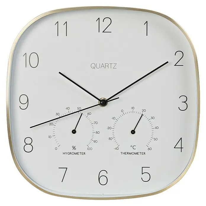 Reloj de pared Termo & Hygro - Diámetro: 28 cm, Oro, Clásico - Reloj de pared cuadrado con higrómetro y termómetro en diseño moderno, ideal para interiores elegantes.