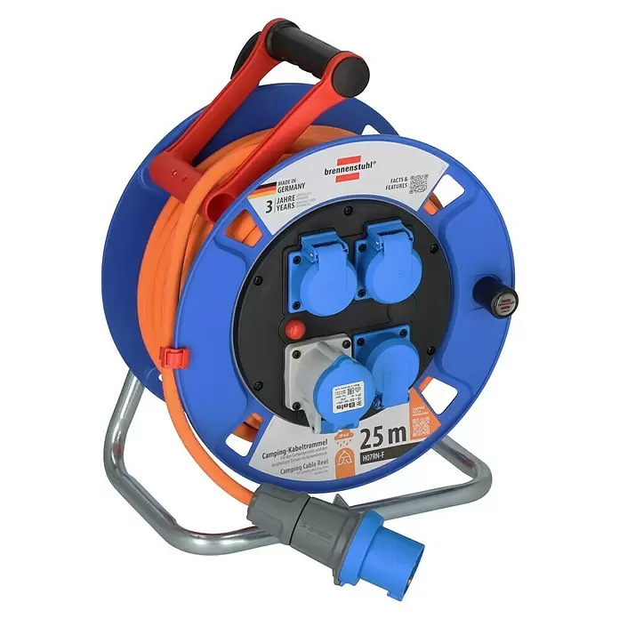 Brennenstuhl Kabeltrommel Garant CEE IP44 Camping H07RB-F 3G2,5 - Kunststoff, 25 m, IP44 - Blaue brennenstuhl Camping-Kabeltrommel mit orangefarbenem Kabel, rotem Griff, silbernem Gestell und blauen/weißen IP44 Steckdosen, 25m.