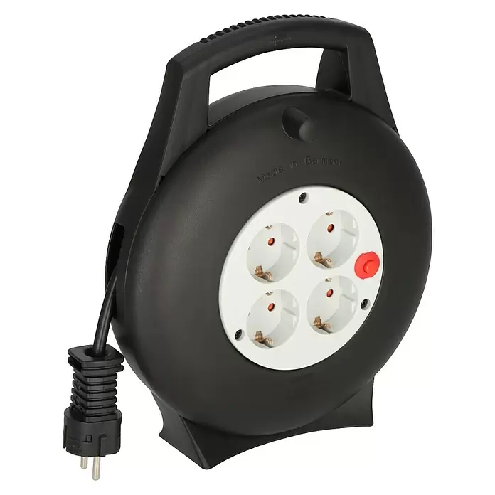 Brennenstuhl Kabeltrommel Vario Line VL2-X - Kunststoff, 10 m, H05VV-F, IP20 - Schwarze Kabeltrommel mit vier Steckdosen, rotem Schalter und angeschlossenem Netzstecker. Mit Tragegriff.