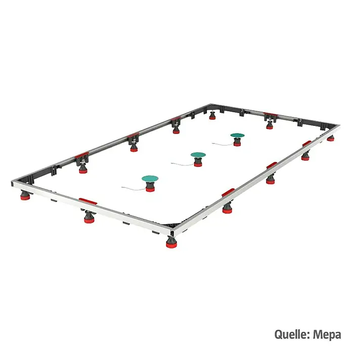 Mepa Duschwannen-Fußrahmen SF XL Stahl - Wannengröße bis 100 x 180 cm - Bild eines Duschbodenelements von Mepa mit rotem Zubehör, das auf einem weißen Hintergrund isoliert ist.