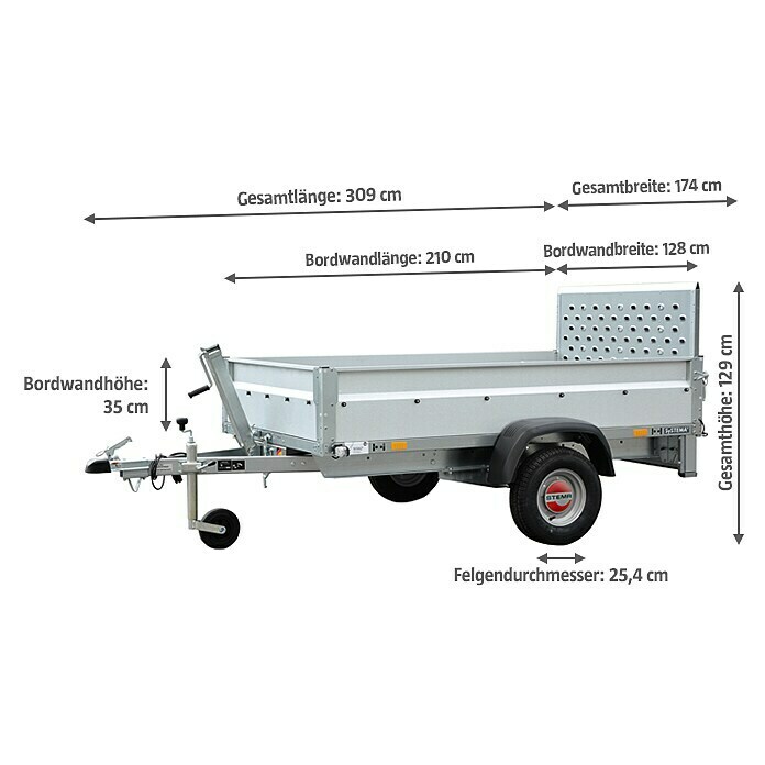 Stema Kippanhänger Rex 21Nutzlast: 525 kg, Einachser, Kasteninnenmaß: 210 x 128 x 35 cm, Ausführung: Ungebremst Diagonal View