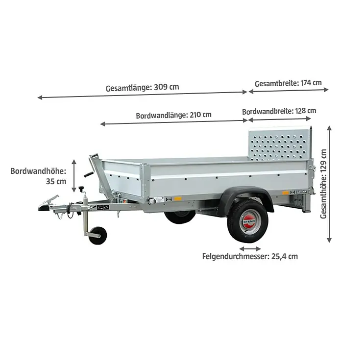 Stema Kippanhänger Rex 21 - Nutzlast: 525 kg, Einachser, Kasteninnenmaß: 210 x 128 x 35 cm, Ausführung: Ungebremst - Abbildung eines STEMA Anhängers mit Maßangaben zu Länge, Breite und Höhe.