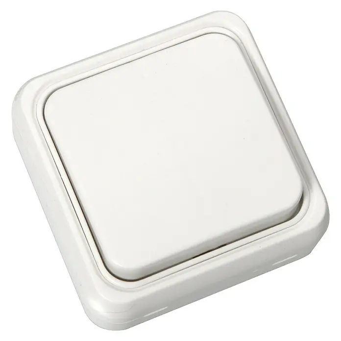 Fontini BF-18 Cruzamiento - Blanco, Colocar, IP20 - Primer plano de un interruptor de luz blanco con forma cuadrada y esquinas redondeadas, sobre un fondo negro.