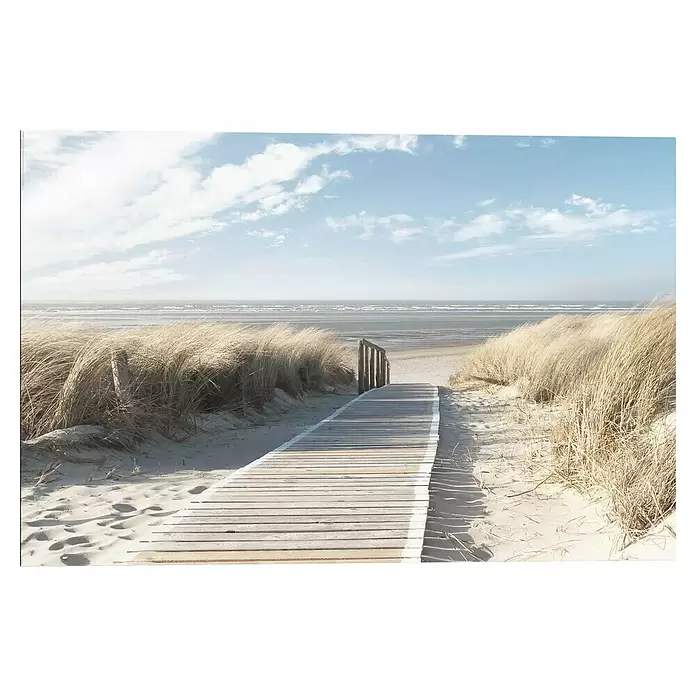 Reinders Decopanel - Dunes, B x H: 90 x 60 cm - Hölzerner Steg führt durch Sanddünen und hohes Gras zu einem ruhigen Strand und Meer unter mildem Himmel.