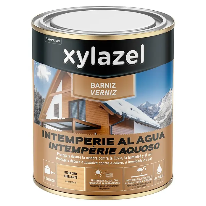 Xylazel Barniz para madera Intemperie al agua - Incoloro, 750 ml, Brillante - Pintura protectora de madera Xylazel, incolora, protege y decora la madera contra la lluvia, la humedad y el sol. Para exterior.
