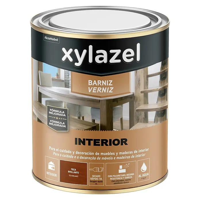 Xylazel Barniz para madera Interior al agua - Teca, 250 ml, Resplandeciente - Imagen del producto de una lata de lasur para madera de interior xylazel con diseño de madera. El producto promete cuidado y decoración para muebles y madera de interior.