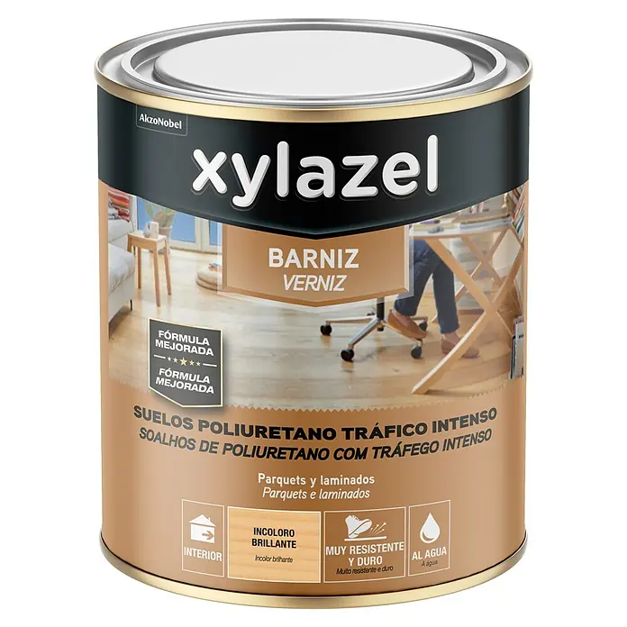 Xylazel Barniz para suelos de madera al agua - Incoloro, 750 ml, Brillante - Imagen de una lata de barniz de poliuretano Xylazel para suelos de tráfico intenso, incoloro brillante, ideal para parquet y laminado.