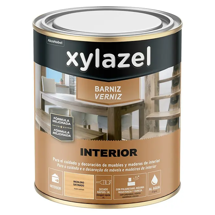 Xylazel Barniz para madera Interior al agua - Incoloro, 250 ml, Satinado - Bote de barniz de interior Xylazel para muebles y madera, incoloro satinado, con poliuretano para máxima resistencia y dureza.