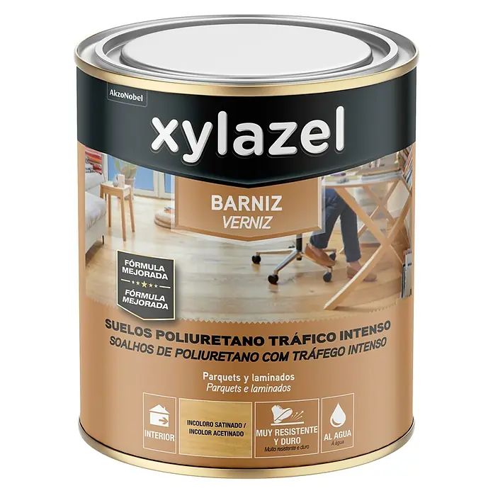 Xylazel Barniz para suelos de madera al agua - Incoloro, 750 ml, Satinado - Bote de barniz para suelos Xylazel: Barniz de poliuretano para suelos de tráfico intenso, ideal para parqué y laminado. Fórmula mejorada, satinado incoloro.