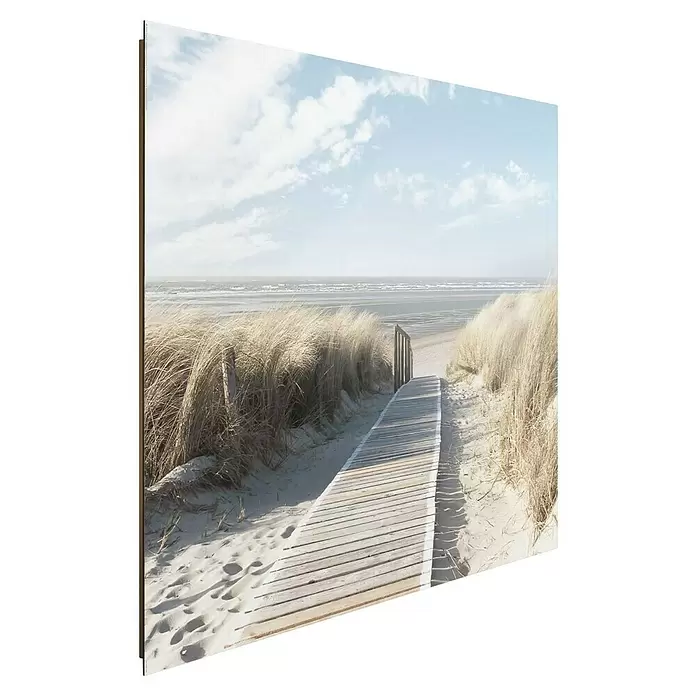 Reinders Decopanel - Dunes, B x H: 90 x 60 cm - Schräger Kunstdruck eines Strandstegs zum Meer, mit Dünengras und bewölktem Himmel.