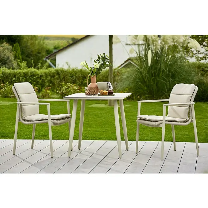 Sunfun Solo Balkontisch - L x B x H: 74 x 74 x 74 cm, Aluminium, Sintered Stone, Quadratisch, Light-Greige - Ein elegantes Gartenmöbelset mit zwei Stühlen und einem Tisch, perfekt für entspannte Stunden im Freien mit stilvollem Design.