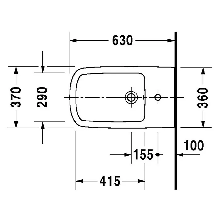 Duravit DuraStyle Stand-Bidet Typ 1 - 37 x 63 cm, Weiß, Keramik, Ohne Spezialglasur - Technische Zeichnung eines wandhängenden Bidets mit Bemaßungen für Installationszwecke.