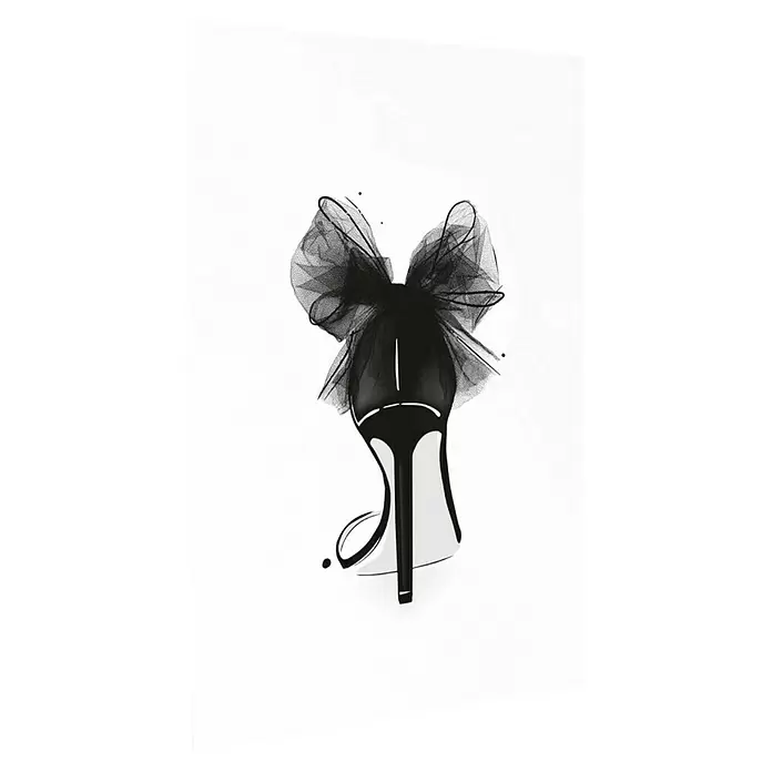 Reinders Poster Art Print - Beauty Begins, B x H: 20 x 30 cm, 4 -tlg. - Schwarzer High Heel Schuh mit großer, transparenter Tüllschleife hinten.