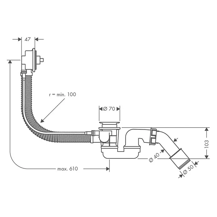 Hansgrohe Ab- & Überlaufgarnitur Flexaplus - Kunststoff, 1 ½″, Geeignet für: Handelsübliche Badewannen - Eine schematische Darstellung eines Ablaufventils mit verschiedenen Maßangaben für den Sanitärbereich.