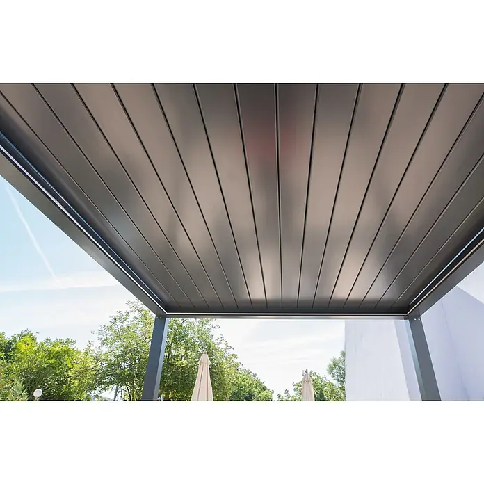 Wismar-NFI Pergola Bio - B x T: 341 x 400 cm, Grau/Grau, Aluminium - Die Pergola mit Lamellendach bietet einen stilvollen und modernen Schattenplatz im Freien. Das verstellbare Dach spendet angenehmen Schatten.
