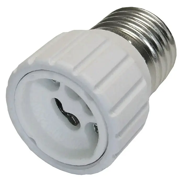 Fontini Adaptador de casquillo E27 a GU10 - E27 - Un adaptador blanco de bombilla que convierte de E27 a casquillo GU10, permitiendo opciones de iluminación versátiles.