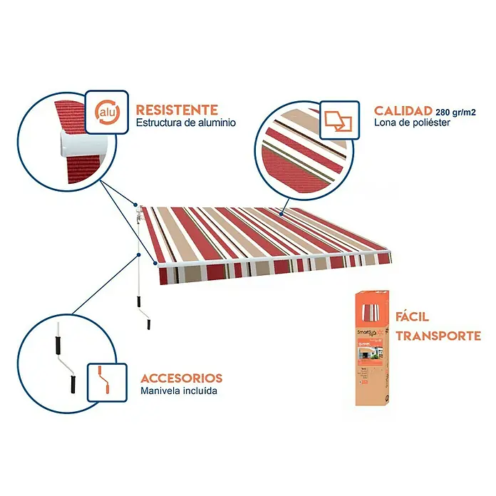 SmartSun Toldo de brazos extensibles Original Kit Poliéster - Beige/Burdeos, Ancho: 3 m, Caída: 2 m - Imagen del producto de un toldo con estructura de aluminio y tela de poliéster, incluyendo accesorios para una fácil instalación y transporte.