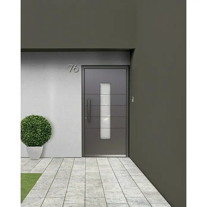 Portofino Haustür Basico 90 - 110 x 210 cm, DIN Anschlag: Links - Moderne Haustür mit Glaseinsatz und Hausnummer 76. Die Tür ist grau und verfügt über einen langen Griff.