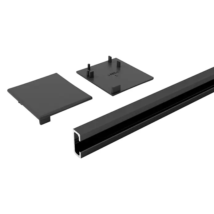 Entravia Abstands-Set Bright-Slide - Schwarz eloxiert, 2.000 mm, Passend für: Entravia Bright-Slide Schiebetüren vor der Wand laufend - Das Bild zeigt eine schwarze LED-Aluminiumprofilleiste mit Endkappen, die eine elegante Beleuchtungslösung für verschiedene Anwendungen darstellt.