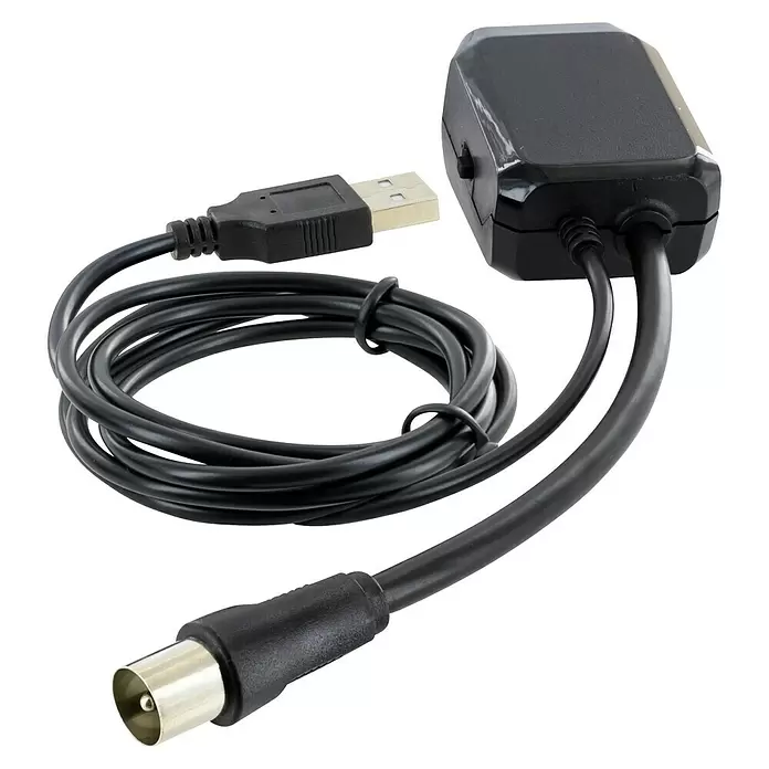 Schwaiger Antenne DVB-T2 UHF VHF DAB+ aktiv - Schwarz - Schwarzes USB-zu-Koaxial-Antennenadapterkabel mit Spule und kleiner schwarzer Konverterbox.