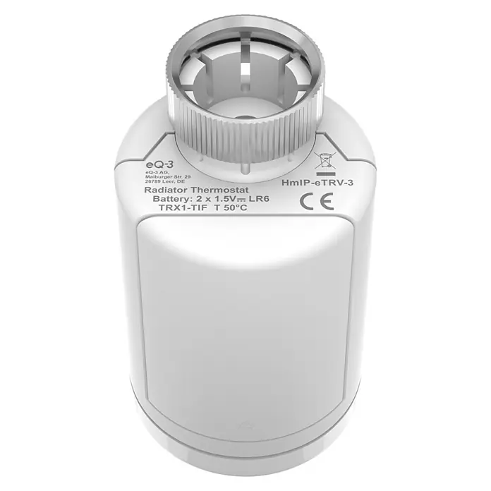 Homematic IP Heizkörper-Thermostat Pure - M30 x 1,5 mm, Ø x L: 5,65 x 9,5 cm, Weiß, 1 Stk. - Abbildung eines eQ-3 HmIP-eTRV-3 Heizkörperthermostats mit Informationen zu Batterie und Modellbezeichnung.