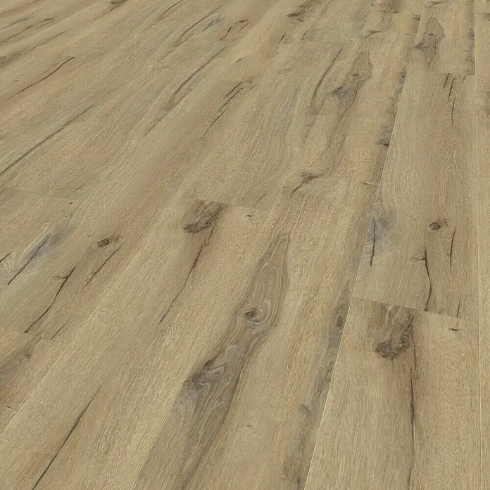 Gerflor Vinylbodenmuster Rigid Acoustic Paloma Brown - 250 x 229 x 5,4 mm, Paloma Brown - Detailaufnahme eines hellbraunen Holzfußbodens mit ausgeprägter Maserung und Ästen, die dem Boden ein rustikales Aussehen verleihen.