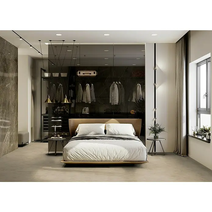 Gerflor Vinylbodenmuster Rigid Acoustic Oliva Beige - 250 x 399 x 5,4 mm, Oliva Beige - Elegantes Schlafzimmer mit begehbarem Kleiderschrank hinter dem modernen Bett, betont durch stilvolle Beleuchtung und natürliche Elemente.