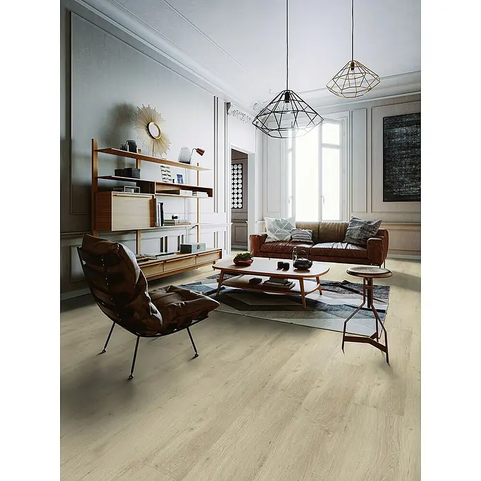 Gerflor Vinylbodenmuster Rigid Acoustic Sola Light - 250 x 229 x 5,4 mm, Sola Light - Ein helles Wohnzimmer mit einem modernen Holzboden, der dem Raum Wärme und Eleganz verleiht.