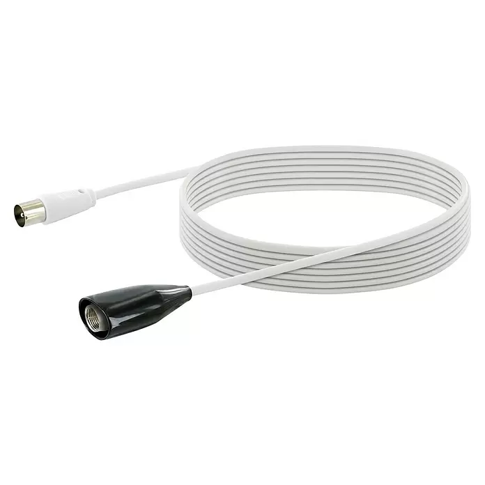 Schwaiger Antenne DVB-T2 UHF VHF DAB+ aktiv - Schwarz - Weißes, aufgewickeltes Antennenkabel mit männlichem und weiblichem Koaxialstecker.