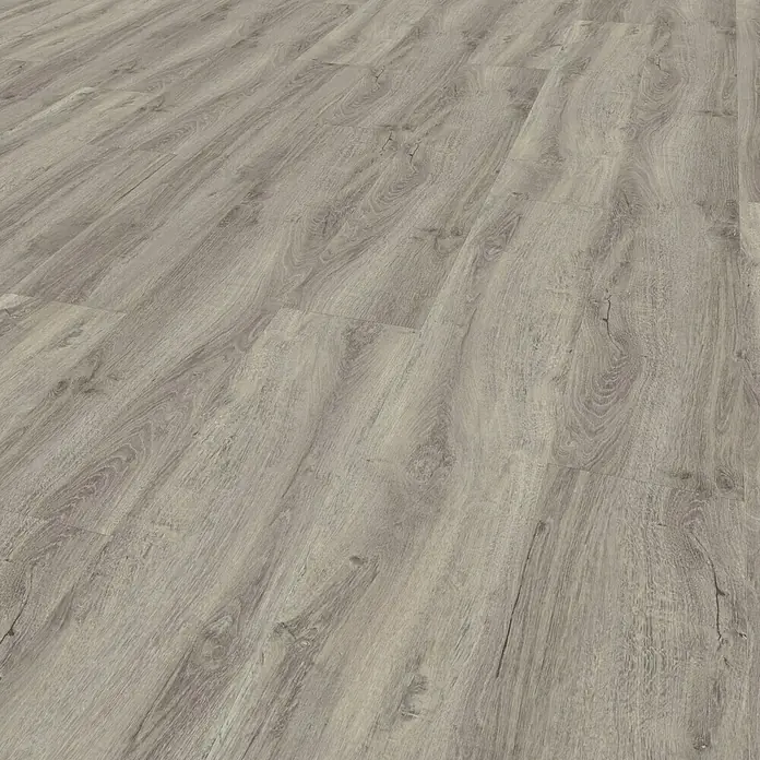 Gerflor Vinylbodenmuster Rigid Acoustic Alana Taupe - 250 x 229 x 5,4 mm, Alana Taupe - Nahaufnahme eines grauen Vinylbodens mit Holzstruktur, der ein modernes, stilvolles Ambiente schafft. Die realistische Oberfläche ahmt echtes Holz täuschend echt nach.