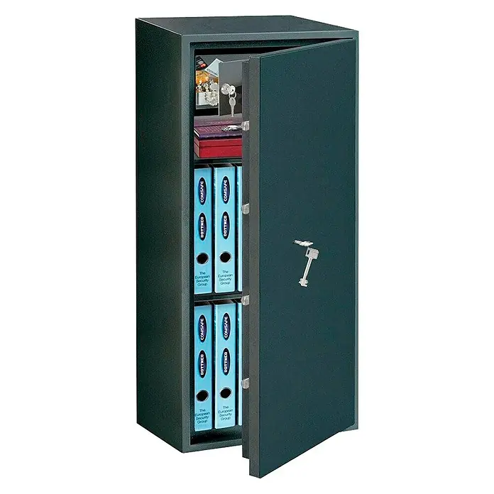 Rottner Möbeltresor Power Safe - Doppelbartschloss, L x B x H: 40 x 44,5 x 100 cm, Anthrazit - Das Bild zeigt einen geöffneten, grauen Büroschrank mit Ordnern und Wertsachen. Das Innere des Schranks ist gut sichtbar.