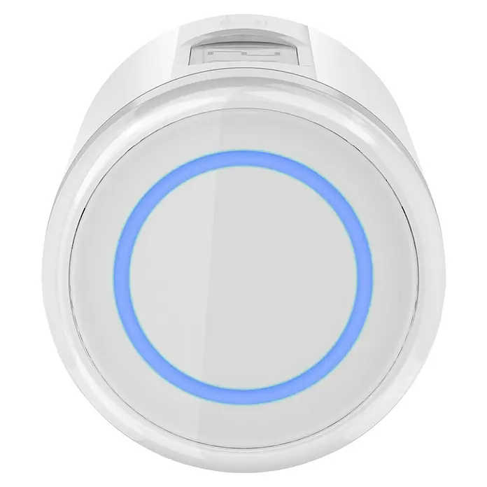 Homematic IP Heizkörper-Thermostat Pure - M30 x 1,5 mm, Ø x L: 5,65 x 9,5 cm, Weiß, 1 Stk. - Nahaufnahme eines runden, weißen Geräts mit einem leuchtend blauen Ring. Das Gerät hat ein modernes, minimalistisches Design.