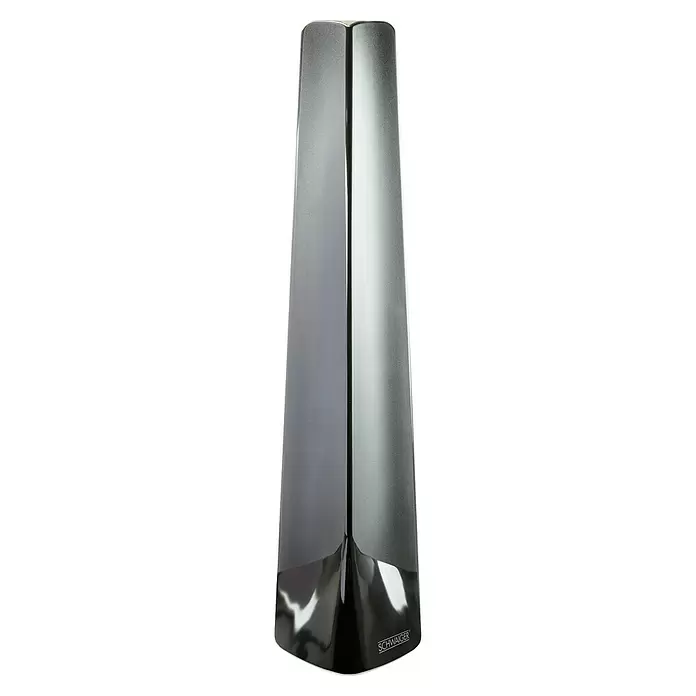 Schwaiger Antenne DVB-T2 UHF VHF DAB+ aktiv - Schwarz - Schlanke, dunkelgraue Zimmerantenne mit texturierter Oberfläche und glänzendem Sockel.