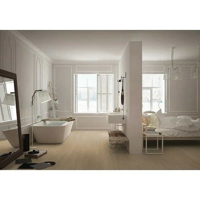 Gerflor Vinylbodenmuster Rigid Acoustic Tulum Natural - 250 x 229 x 5,4 mm, Tulum Natural - Ein luxuriöses Badezimmer mit freistehender Badewanne, stilvollem Waschtisch und elegantem Raumteiler für einen Hauch von Privatsphäre.