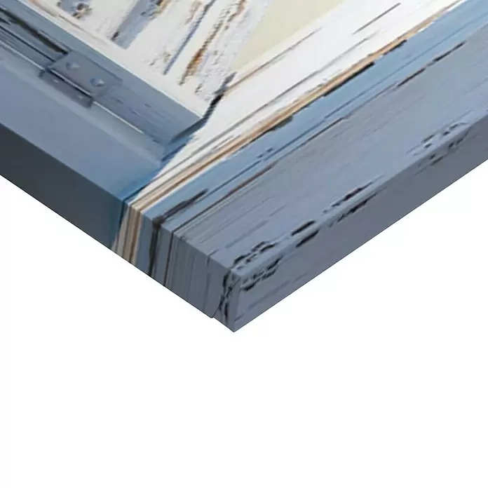 Reinders Cuadro de madera Deco Block Beach Shutters - Beach Shutters, An x Al: 118 x 70 cm - Esquina de una impresión en lienzo gruesa con bordes desgastados azul-gris claro y una imagen borrosa y de color claro en la parte superior.