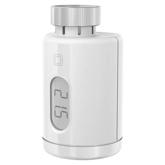 Homematic IP Heizkörper-Thermostat Pure - M30 x 1,5 mm, Ø x L: 5,65 x 9,5 cm, Weiß, 1 Stk. - Nahaufnahme eines weißen smarten Heizkörperthermostats mit digitaler Anzeige und gerändeltem Drehknopf zur Temperaturregelung.