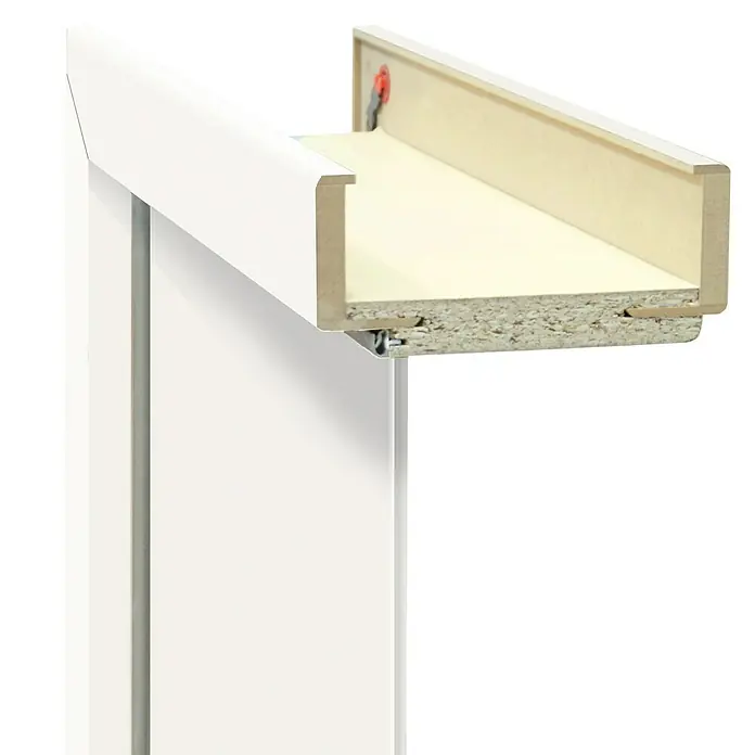 Classen PL Türzarge - 860 x 1.985 mm, Wandstärke: 200 mm, DIN Anschlag: Links, Monari Weiß - Nahaufnahme eines weißen Türrahmens, der die Konstruktionsdetails und die Materialbeschaffenheit des Rahmens zeigt.