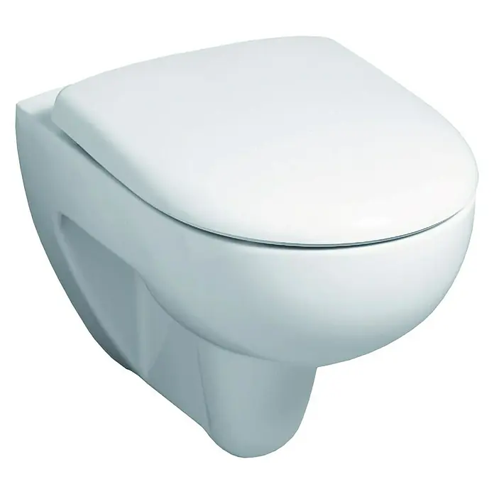 Geberit Renova Wand-WC - Spülrandlos, Mit schmutzabweisender Glasur, Spülform: Tief, WC Abgang: Waagerecht, Weiß - Nahaufnahme einer wandhängenden, weißen Toilette mit geschlossenem Deckel, die ein modernes Baddesign verkörpert.