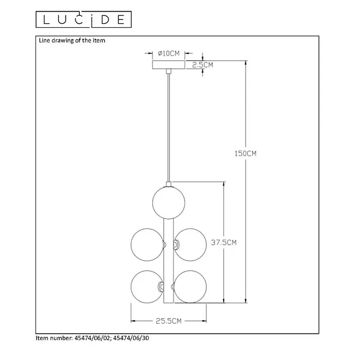 Lucide Tycho Pendelleuchte - L x B x H: 25,5 x 25,5 x 150 cm, Schwarz - Technische Zeichnung der LUCIDE Pendelleuchte mit fünf Kugeln und den Maßen: 150cm Höhe, 25,5cm Breite und 37,5cm Länge.