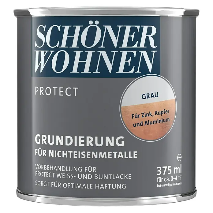 SCHÖNER WOHNEN-Farbe Protect Grundierung für Nichteisenmetalle - Grau, 375 ml - Dose Schön Wohnen Protect Grundierung für Nichteisenmetalle in Grau, 375 ml für Zink, Kupfer und Aluminium.