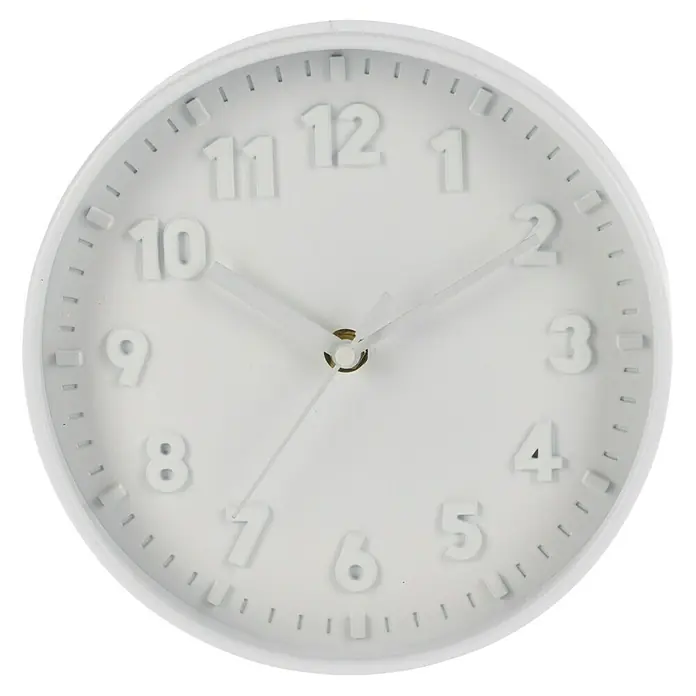 Reloj de pared - Diámetro: 20 cm, Oro, Clásico - Un reloj de pared blanco minimalista con números en relieve y un diseño limpio, combinando funcionalidad con una estética moderna.