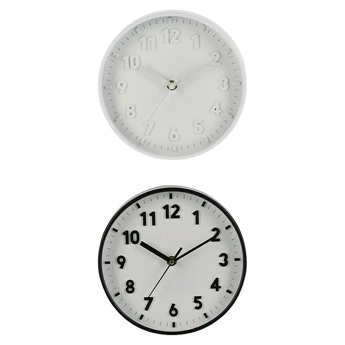 Reloj de pared - Diámetro: 20 cm, Oro, Clásico - Dos relojes de pared redondos con diseños diferentes. El reloj superior es todo blanco, mientras que el reloj inferior tiene detalles en negro.